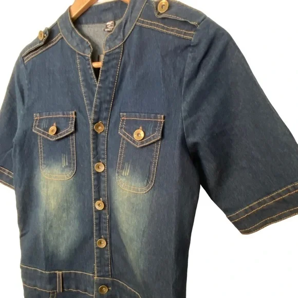 Mida denim mini dress lightweight distressed blue jeans button up closure small - Picture 7 of 16